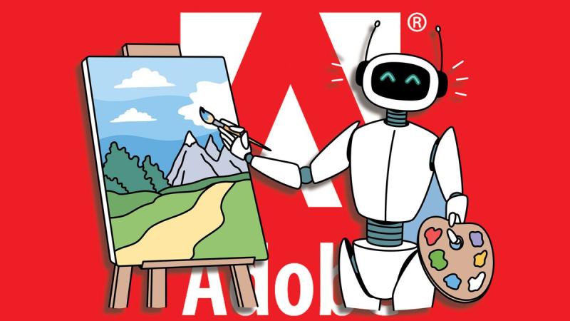 Adobe-themed illustration with a robot painting at an easel