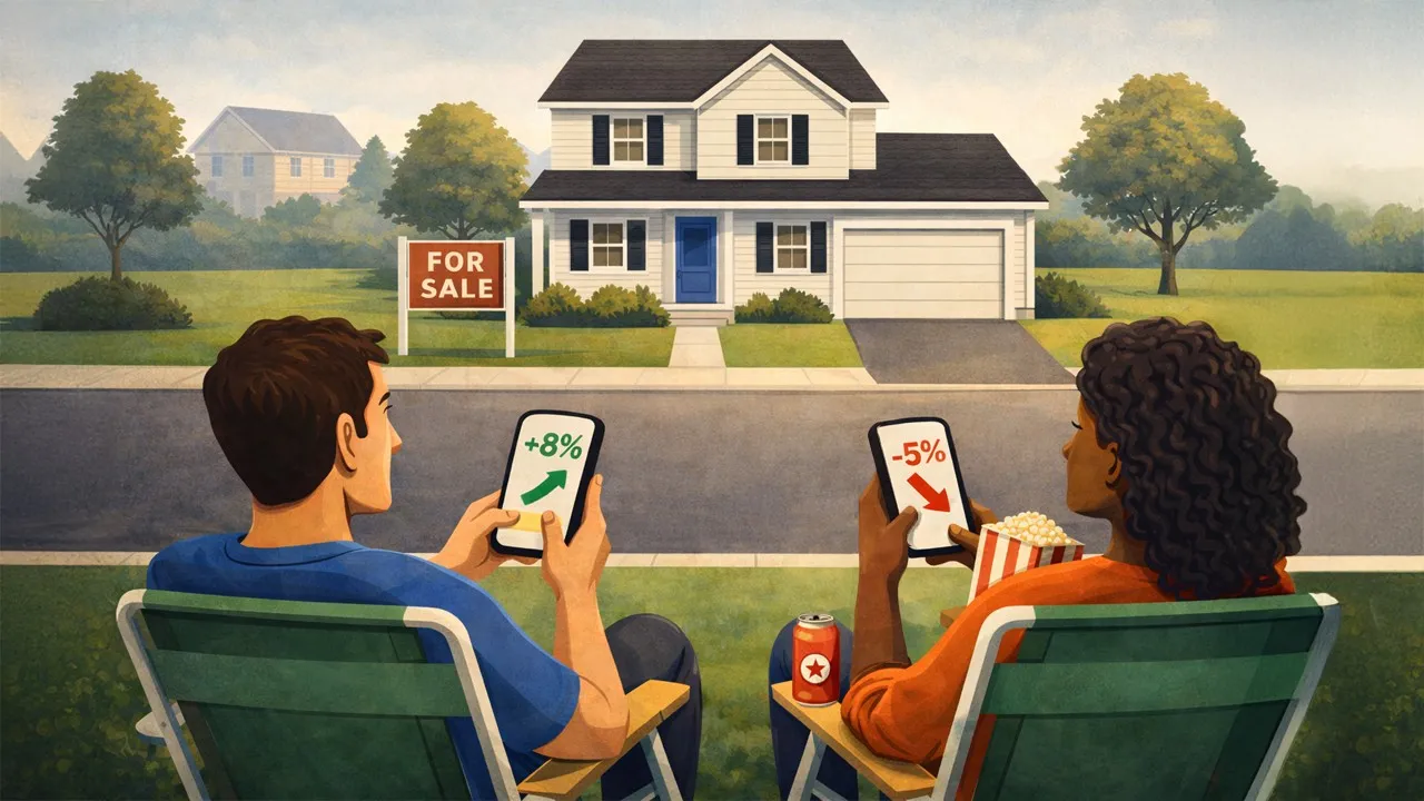 Two people viewing home price movements on mobile screens