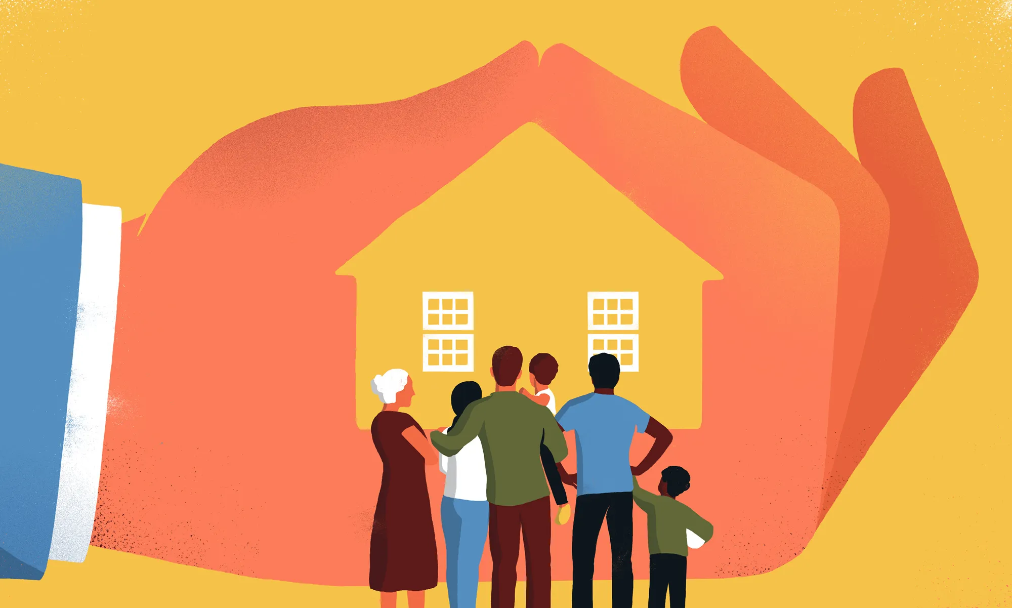 Family standing in front of a house protected by large hands